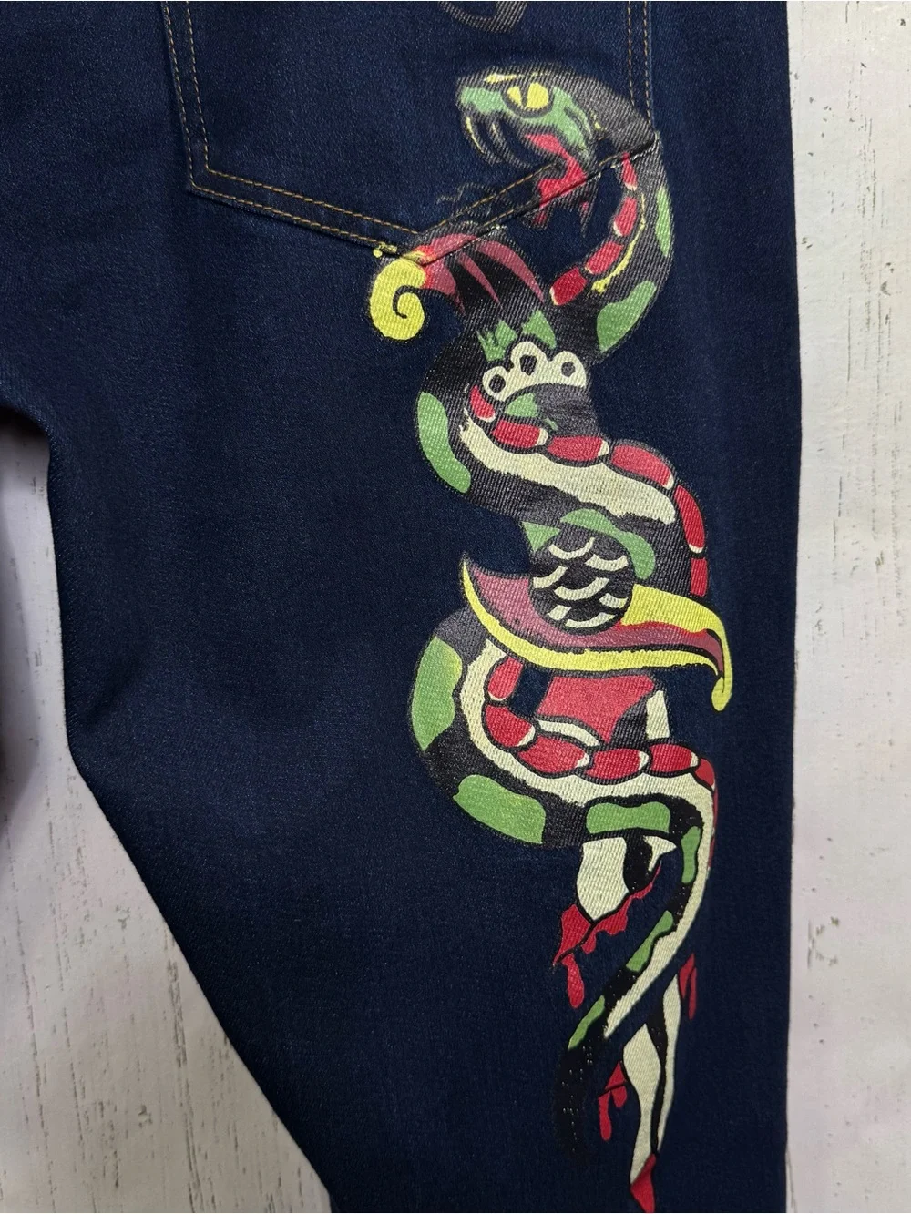 Ed Hardy Denim Jeans 38 Snake Rose Embroidered Straight Y2K Tattoo Grunge NWT